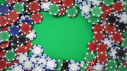 Two Red Dices Are Falling on a Green Table with Poker Chips in Slow Motion