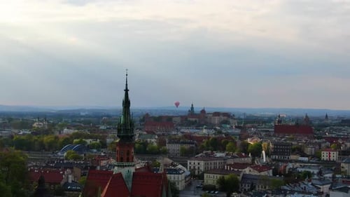 Hot air balloons flying over Cracow, Krakow, Poland, Polska (drone footage)
