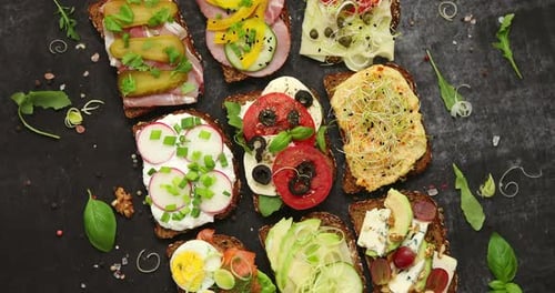 Top View of Different Decorated Sandwiches As Appetizer. Healthy Food. Vegetable Meal