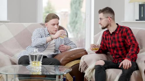 Deux amis de sexe masculin qui tintent, boivent du scotch et parlent