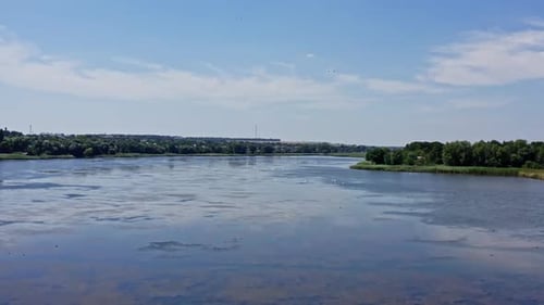 Aerial drone view of river wild flow landscape