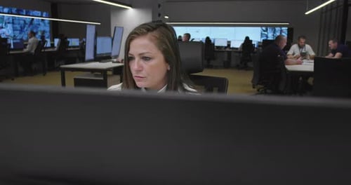Woman Works at Computer Station in Office