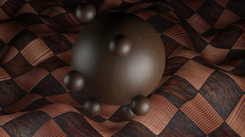 Tablero de ajedrez curvo con esfera grande lisa marrón levitante rodeada de otras más pequeñas