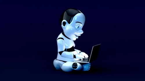3D Robot Child Typing on Laptop Animation
