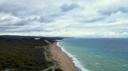 High and powerful waves coming fast to the beach, waves in winter day