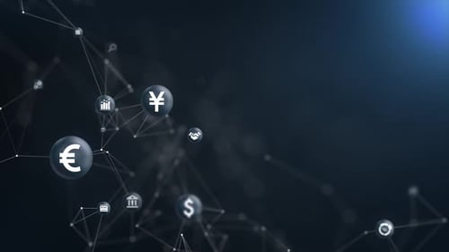 Futuristic Business Network with Animated Currency Icons