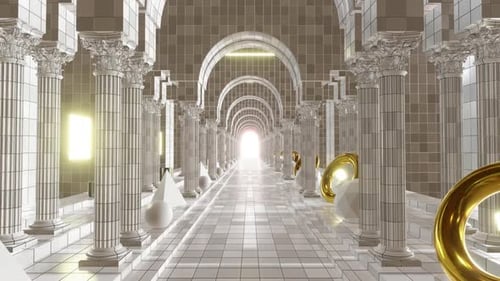 Abstract 3D Corridor Animation with Geometric Shapes and Golden Elements