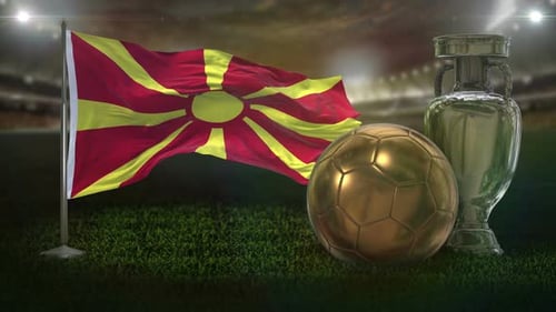 Waving North Macedonia Flag with Gold Soccer Ball and Silver Trophy