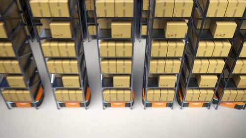 Warehouse industry autonomic robots carrying metal shelves with cardboard boxes.