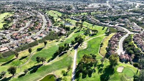 Aerial View of Green Golf in Upscale Residential Neighborhood in South California