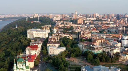 Top view of the center of the capital of Ukraine. Evening view of the houses. Beautiful flight.