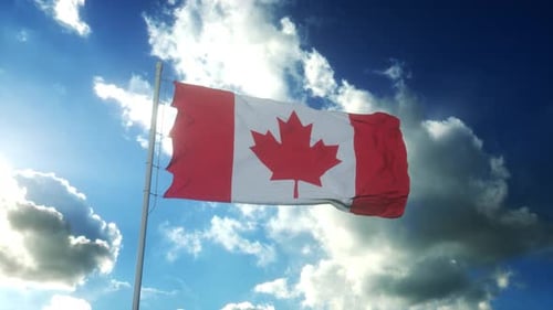 Realistic Canadian Flag Waving Against Blue Sky and Clouds