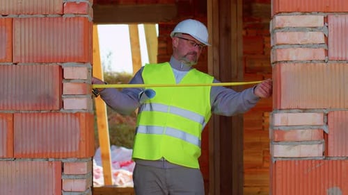 Civil Engineer Architect Specialist Conducting Measurements with a Tape Measure at Construction Site