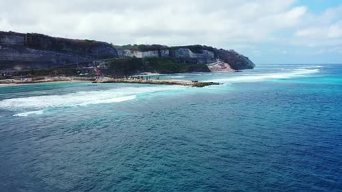 Aerial flying over landscape of paradise lagoon beach time by transparent sea with white sandy backg