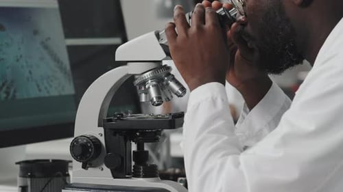 Scientist Works With Microscope in Medical Lab