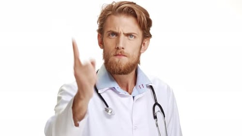 Doctor Looking at Camera, Raising Index Finger