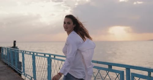 Freedom Young Happy Woman Running on the Pier