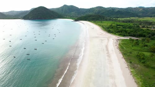 Aerial view of Selong Belanak, Tropical island with sandy beach