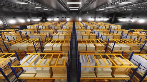 Rendu 3D. Entrepôt avec des boîtes en carton à l'intérieur sur des rayonnages à palettes.