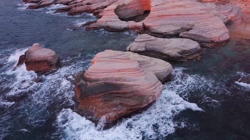 Nature Aerial Landscape Over the Ocean at Sunset or Sunrise Sea Waves on the Unusual Rocky Coast