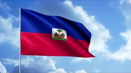 Haiti Flag Waving in Blue Sky with Clouds