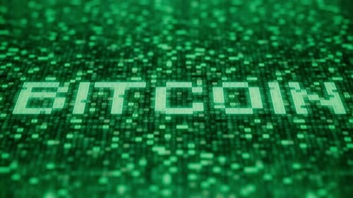 Flashing Symbols on a Green Screen Compose BITCOIN Word