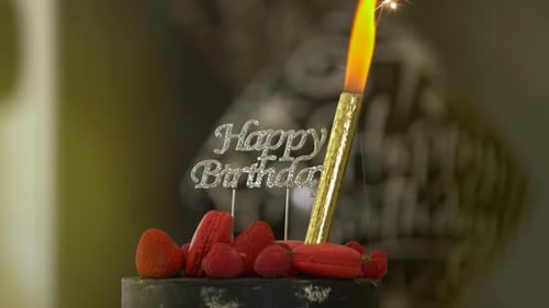 Birthday Cake with Sparkler, Macarons and Berries