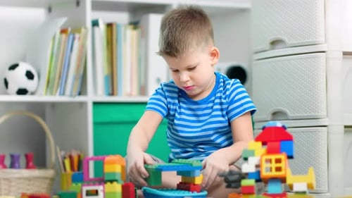 Boy is Playing with Various Building Bricks and Assembling a Toy