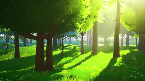 Cartoon Green Forest Landscape with Trees and Flowers