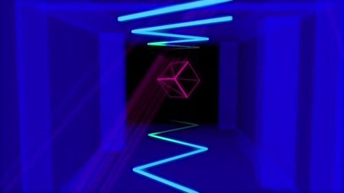 Futuristic Neon Tunnel with Rotating Geometric Shape