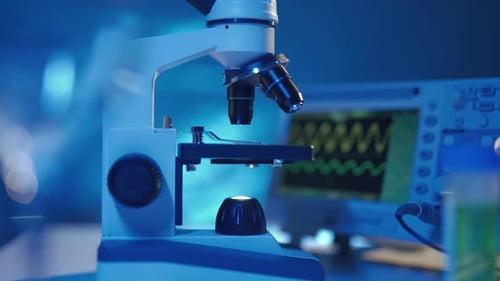 Close Up of a Optical Scientific Microscope in Laboratory