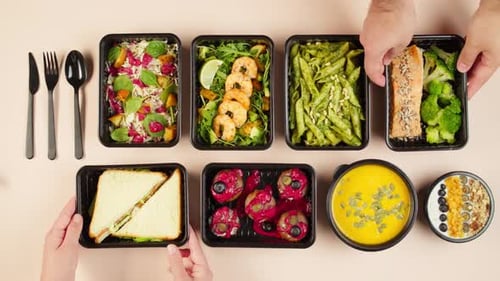 Food Delivery Top View Take Away Meals in Disposable Containers