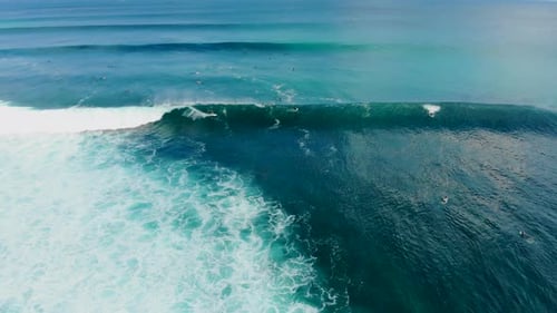 Aerial View of Surfers on Their Board Catching the Waves