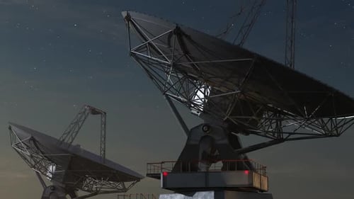 Giant Radio Telescopes Rotating Against Starry Night Sky