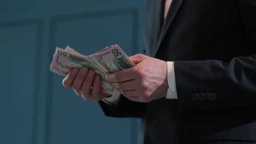 Businessman Counting Dollar Banknotes. A Business Deal with the Transfer of Money. Close-up of Man