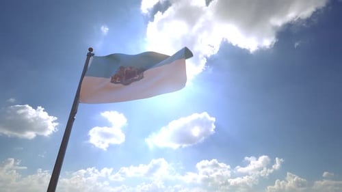 Realistic Waving Flag with Emblem Against Sunny Sky