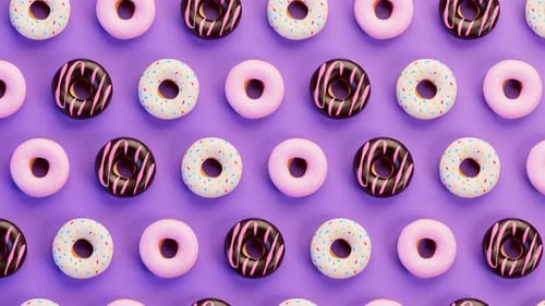 Seamless loop animation of jumping donuts. Colourful various decorated doughnuts