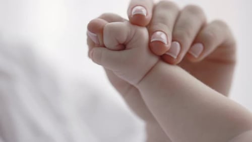 Mother Holds Newborn Baby Hand Gently in Hand