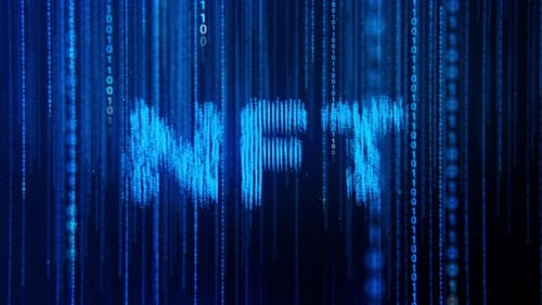 Blauer Binärcode, Matrixcode, fallende digitale Symbole mit Nft-Text