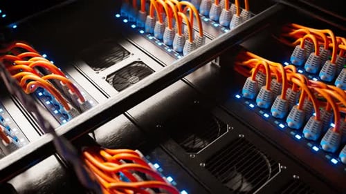 Futuristic Server Rack with Glowing Network Cables