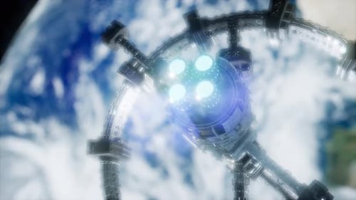 Futuristic Space Station Orbiting Earth with Glowing Engines