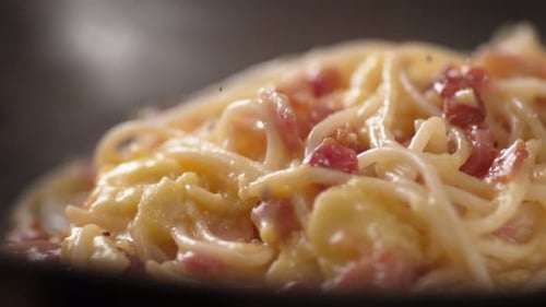 Creamy Spaghetti Carbonara with Bacon Close Up