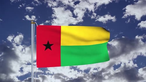 Realistic Guinea-Bissau National Flag Waving in Wind with Clouds