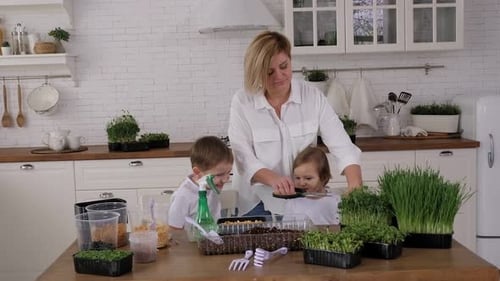 Woman and Children Gardening Together in Kitchen