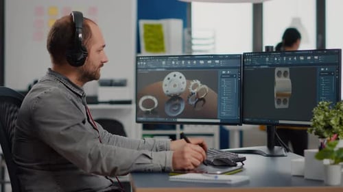 Engineer Designs 3D Models at Desk in Office