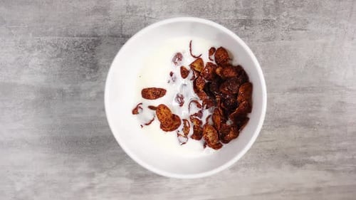 Cereal Pieces Falling into Bowl of Milk
