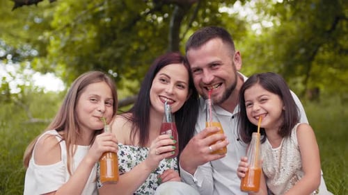 Happy Family Drinks Juice in a Park