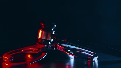 Gavel and Handcuffs with Red and Blue Lights