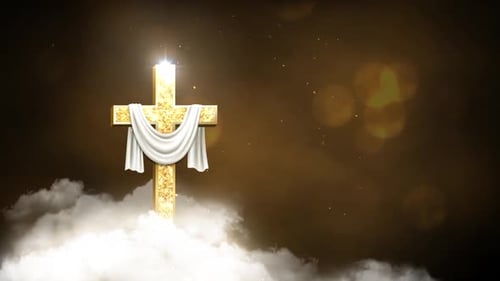Sparkling Golden Cross Draped in White Cloth on Clouds Loop