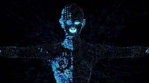 Animated Digital Human Body Scan with Plus Sign Particles